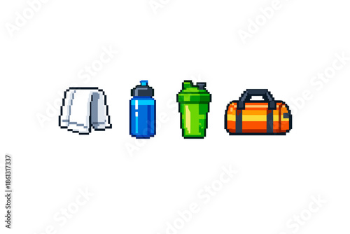 Pixel art gym essentials: towel, water bottle, shaker, and duffel bag