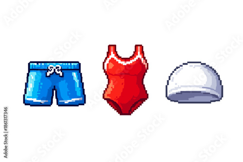 Pixel art of swimming attire: blue shorts, red swimsuit, and white cap