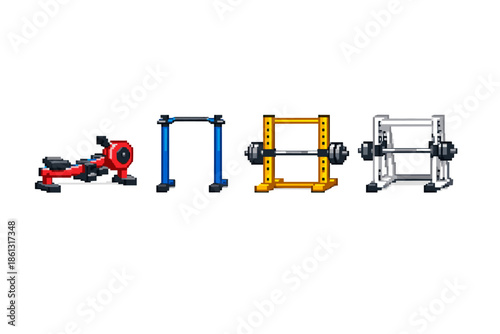 Pixel art collection of gym equipment including a rowing machine and weight racks