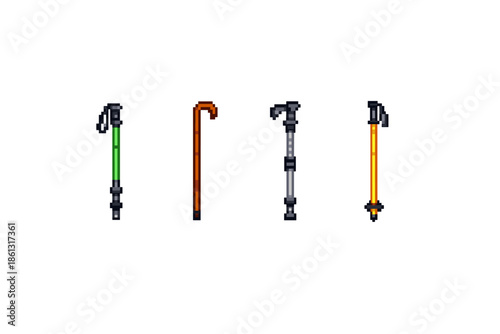 Pixel art collection of four different walking and hiking poles on a white background