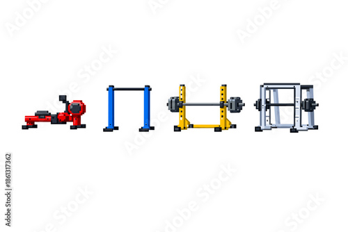 Pixel art gym equipment including rowing machine, pull-up bar, and weight racks