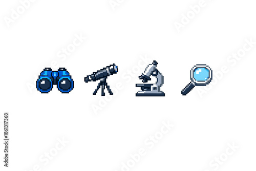 Pixel art icons of scientific instruments for observation and research