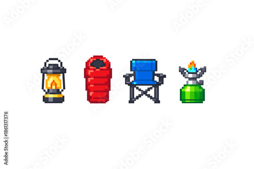 Pixel art camping gear icons: lantern, sleeping bag, chair, and stove