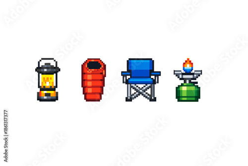 Pixel art camping gear icons: lantern, sleeping bag, chair, and stove
