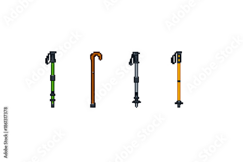Collection of pixel art hiking poles and a walking cane on a white background