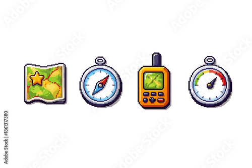 Pixel art icons for navigation and outdoor adventure: map, compass, GPS, and stopwatch