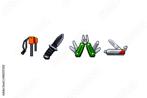 Pixel art collection of survival tools including a ferro rod, knife, multi-tool, and pocket knife