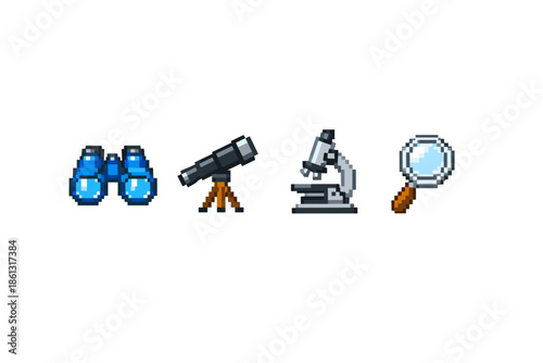 Pixel art icons of scientific observation tools: binoculars, telescope, microscope, magnifying glass