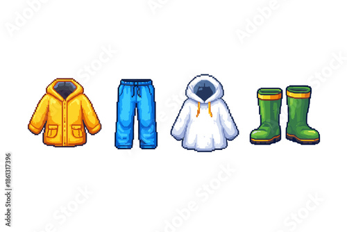 Pixel art collection of children's rain gear and casual wear for outdoor activities