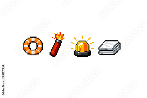 Pixel art icons of safety and emergency equipment on a white background