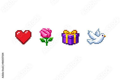 Pixel art icons of heart, rose, gift box, and dove on a white background