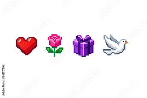 Pixel art icons of a heart, rose, gift box, and dove on a white background
