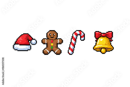 Pixel art Christmas icons: Santa hat, gingerbread man, candy cane, and bell