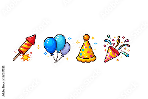 Pixel art celebration icons: fireworks, balloons, party hat, and confetti popper