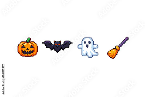 Pixel art icons of Halloween symbols: pumpkin, bat, ghost, and broomstick