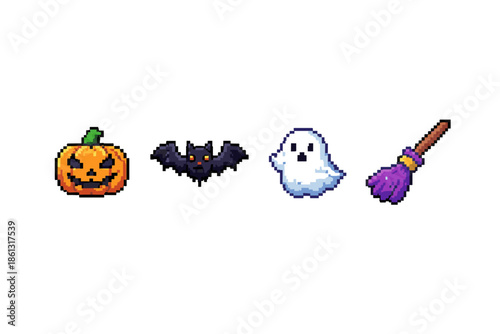 Pixel art Halloween icons: pumpkin, bat, ghost, and broomstick on white background