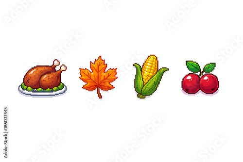 Pixel art icons of roasted chicken, maple leaf, corn, and cherries for autumn harvest