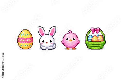 Cute pixel art Easter bunny, chick, and decorated eggs in a basket