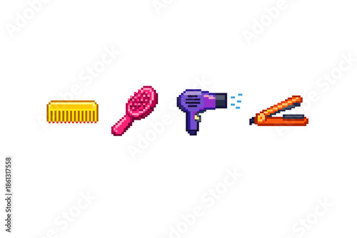 Pixel art icons of hair styling tools: comb, brush, hairdryer, and straightener