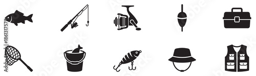 Fishing icon set. Fishing gear icons. Solid style icons of fishing gear and methods: fishing pole with hook, net icon, bait bucket, tackle box, fish. Vector Illustration.