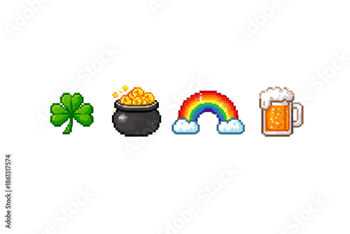 Pixel art icons of St. Patrick's Day symbols: shamrock, pot of gold, rainbow, and beer