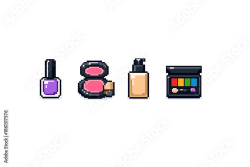 Pixel art icons of makeup essentials: nail polish, blush, foundation, and eyeshadow palette