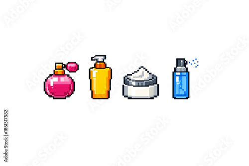 Pixel art collection of cosmetic bottles and jars for beauty and skincare routines
