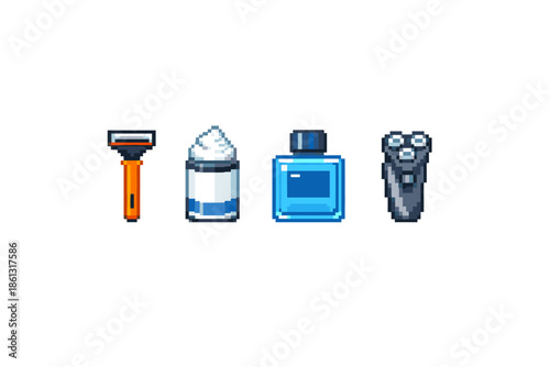 Pixel art icons for shaving and grooming: razor, foam, aftershave, and electric shaver