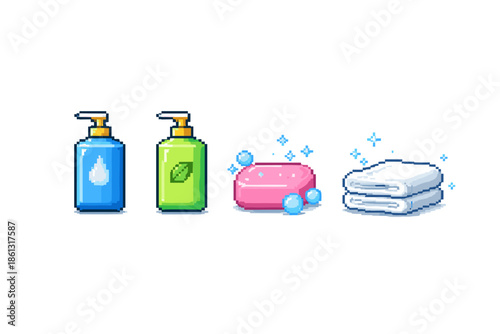 Pixel art icons for hygiene and cleanliness: soap, lotion, and towels