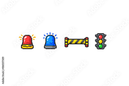 Pixel art icons for emergency, traffic control, and safety warnings