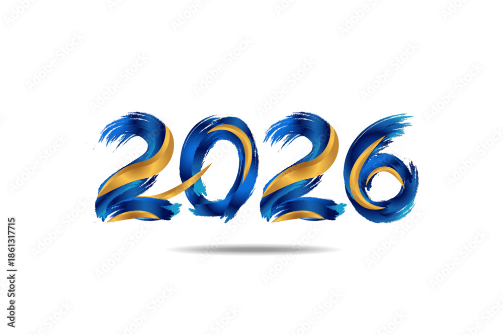 Naklejka premium Modern 2026 typography with dynamic blue and gold brush strokes, symbolizing new year celebration, creativity, and energy. Perfect for New Year design, calendar cover, poster, branding, and festive ma