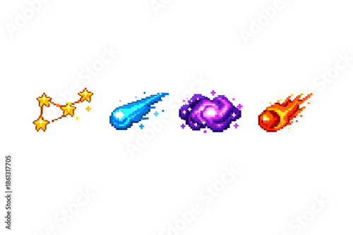Pixel art icons of celestial objects and cosmic phenomena for games and design