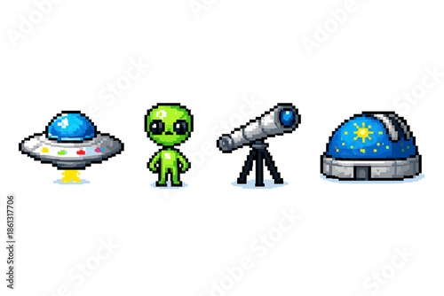 Pixel art icons of a UFO, alien, telescope, and observatory for space exploration themes