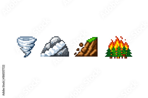 Pixel art icons representing natural disasters: tornado, avalanche, landslide, and wildfire