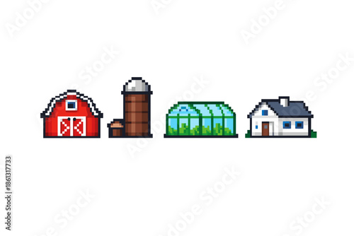 Pixel art farm buildings including a barn, silo, greenhouse, and house