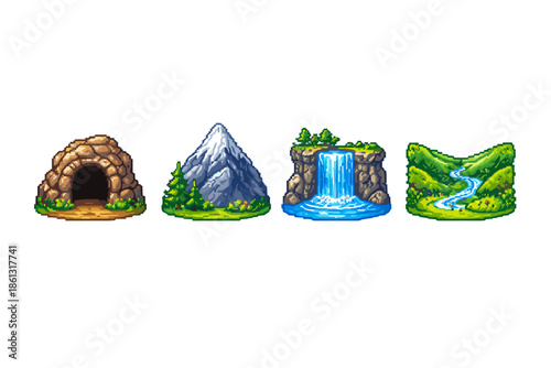 Pixel art collection of natural landscapes and geological formations