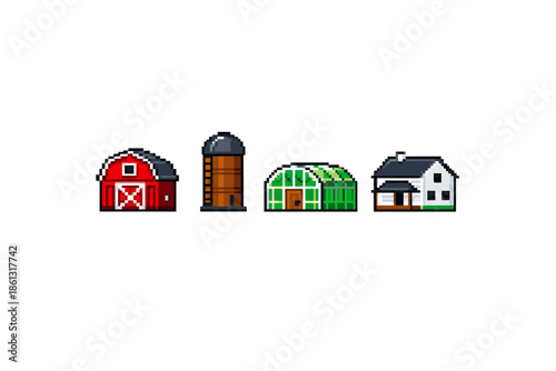 Pixel art farm buildings including a barn, silo, greenhouse, and house