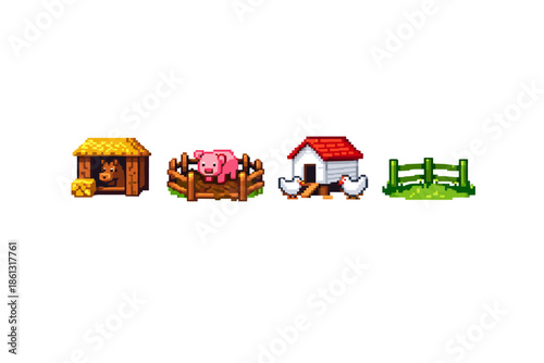 Pixel art farm animals and structures with a horse, pig, and chickens