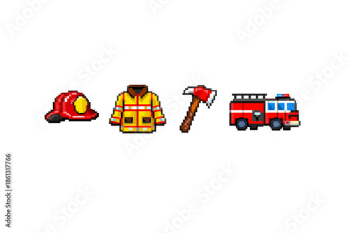 Pixel art firefighter equipment including helmet, jacket, axe, and truck