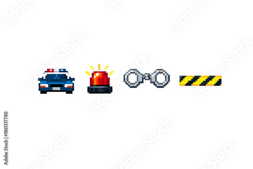 Pixel art police car, siren, handcuffs, and caution tape icons for law enforcement themes