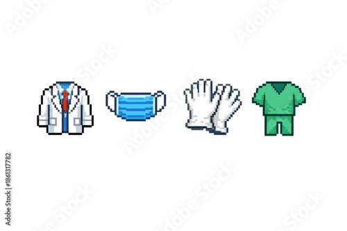 Pixel art medical attire including lab coat, face mask, gloves, and scrubs