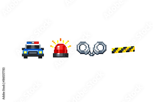 Pixel art police car, siren, handcuffs, and caution tape icons on white background