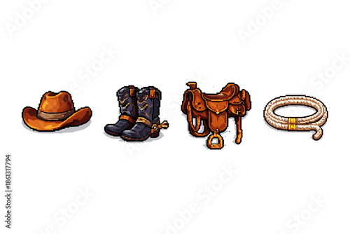 Pixel art cowboy hat, boots, saddle, and lasso on a white background
