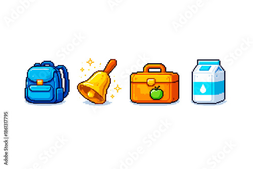 Pixel art school supplies: backpack, bell, lunchbox, and milk carton