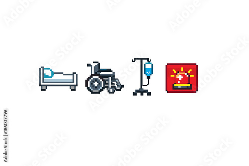 Pixel art icons representing hospital equipment and emergency services