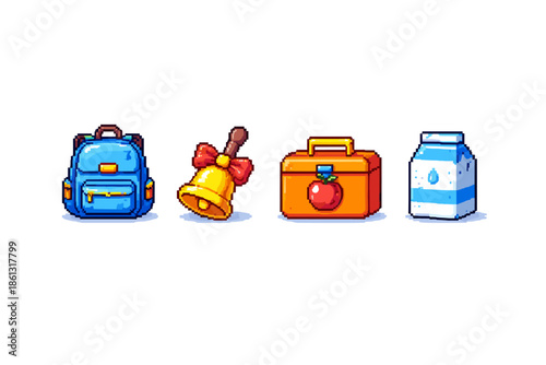 Pixel art icons for school: backpack, bell, lunchbox, and milk carton