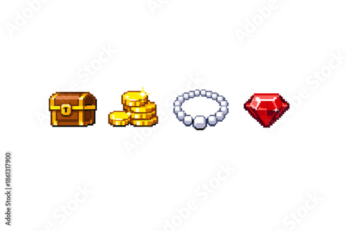 Pixel art treasure chest, gold coins, pearl necklace, and ruby gem icons