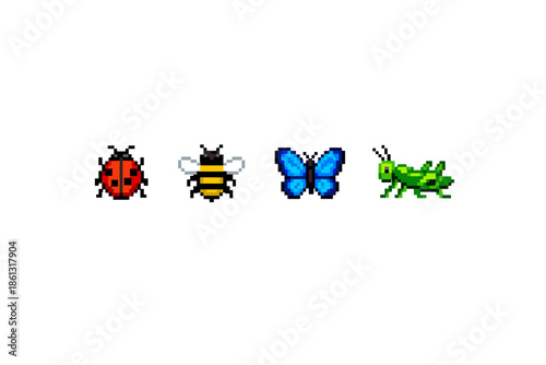 Pixel art collection of a ladybug, bee, butterfly, and grasshopper on a white background
