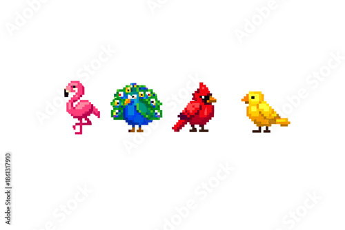 Pixel art birds: flamingo, peacock, cardinal, and canary on white background