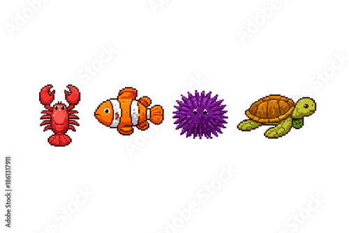 Pixel art collection of marine life: lobster, clownfish, sea urchin, and turtle